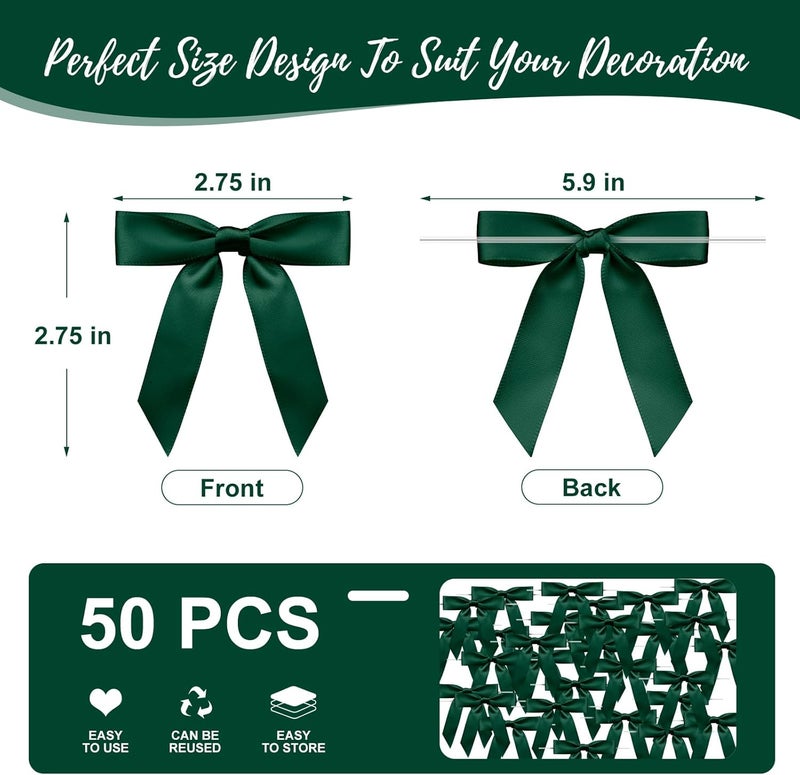 Sokfone Satin Ribbon Dark Green Bow Decor 2.5" Premade Dark Green Twist Tie Bows for Gift Wrapping Bow for Treat Bags Party Favors Wedding Decorations - 50 Counts - Image 3